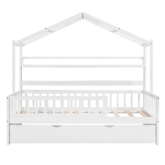 Wooden Twin Size House Bed with Trundle,Kids Bed with Shelf, White - SolidRoot Buy Furniture USA