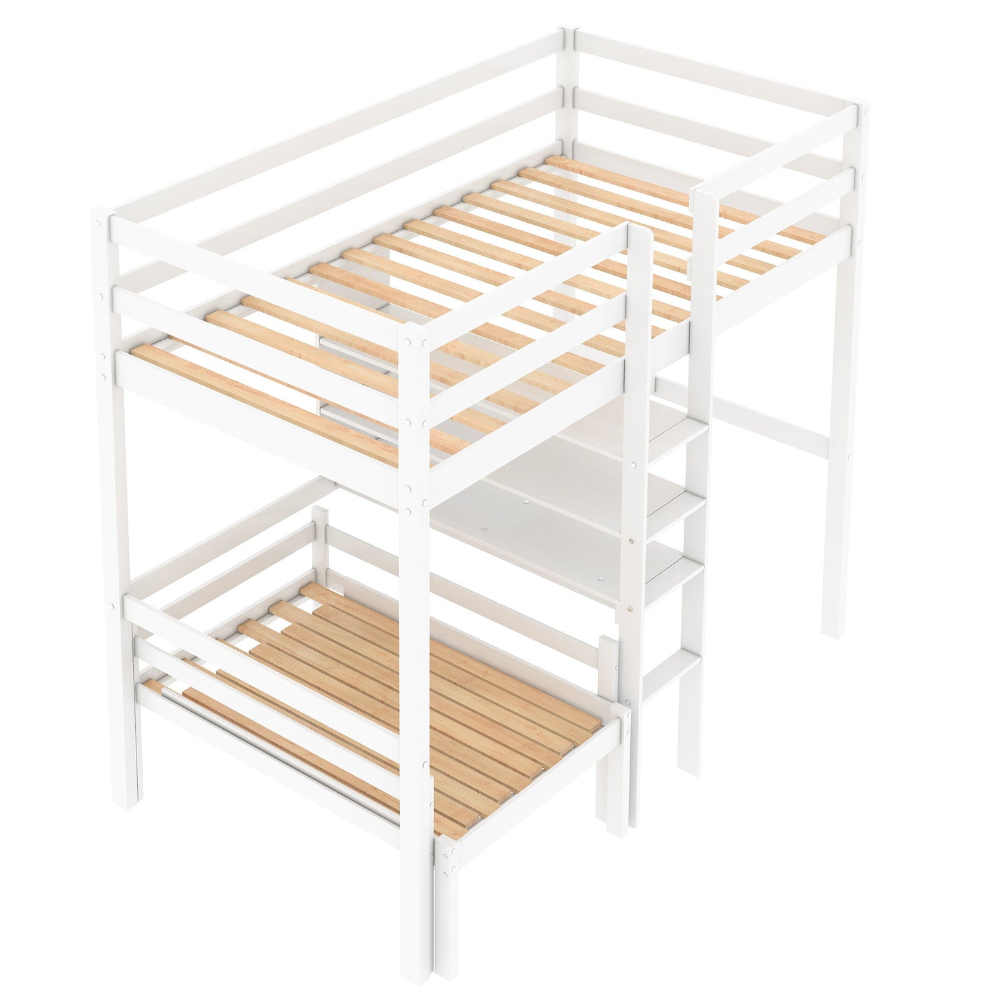 Convertible Loft Bed with L-Shape Desk, Twin Bunk Bed with Shelves and Ladder, White(OLD SKU:SM000209AAK-1)