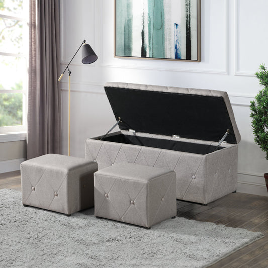 1 Piece Rectangular Storage Ottoman Fabric Linen with 2 Set Ottomans (Beige) Livingsource
