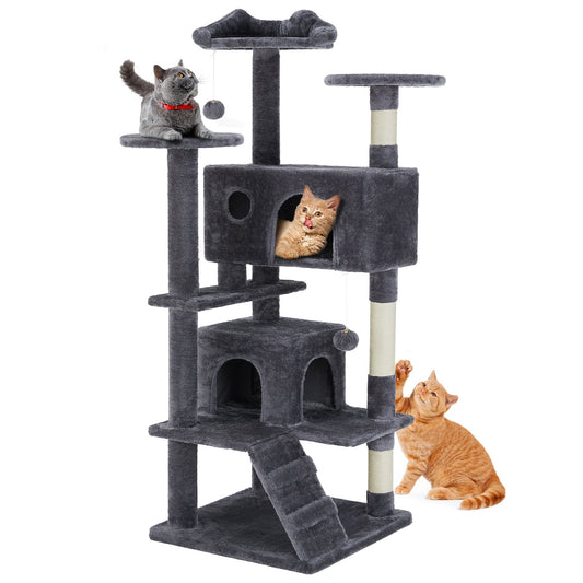 54in Cat tree, indoor cat high-rise multi-story tower, pet playroom with large apartment, dark grey Livingsource