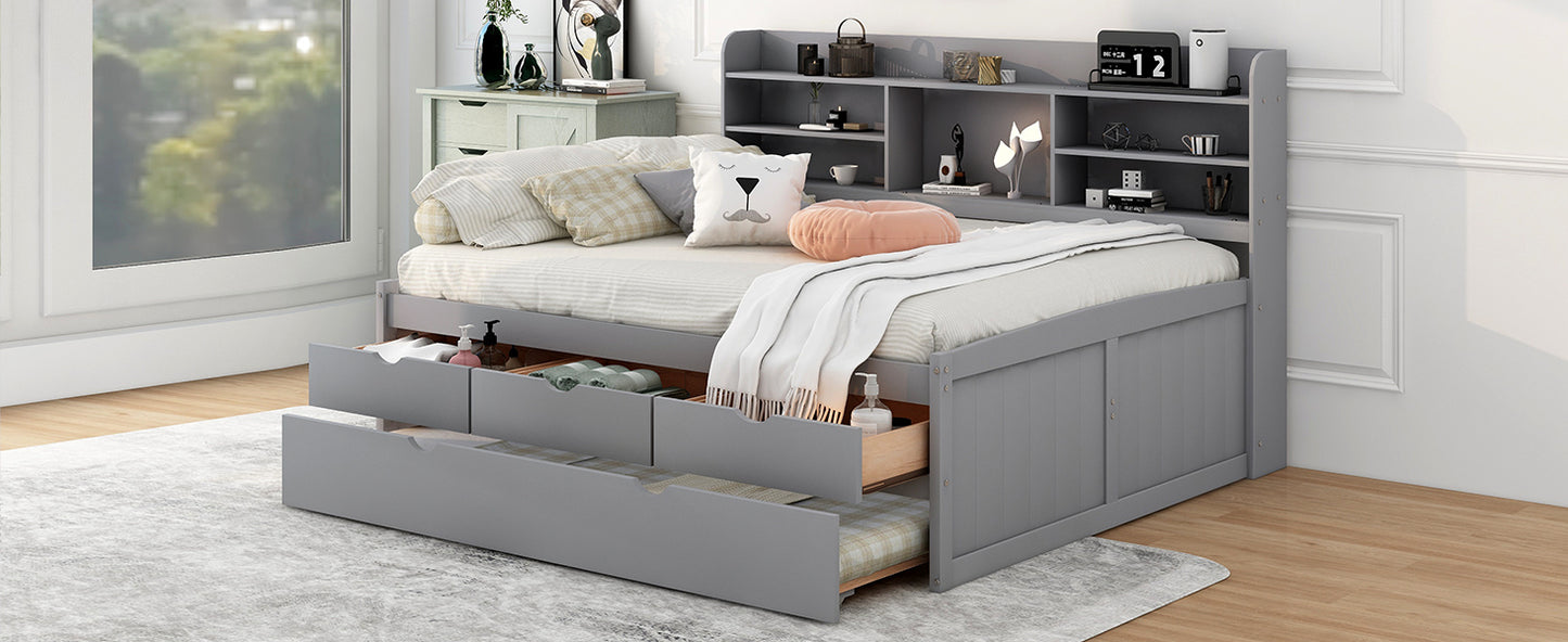 Full Size Wooden Captain Bed with Built-in Bookshelves,Three Storage Drawers and Trundle,Light Grey