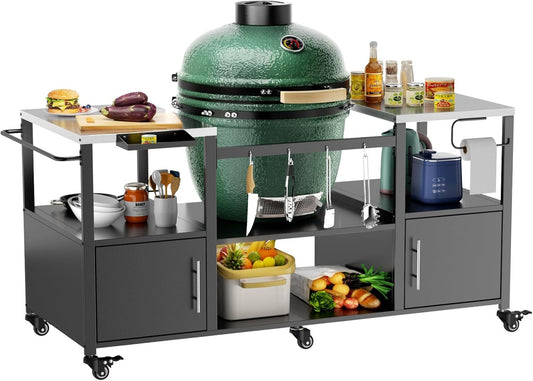 Outdoor Grill Table for Big Green Egg Style BBQ, Metal Grill Cart with Storage Box, Compatible with up to Large Green Egg, Kamado Joe Jr SolidRoot Buy Furniture USA