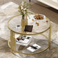 Modern Glass Coffee Table in 31.5", Asymmetrical Metal, Circular Metal Drum Base, Gold Finish & Lower Shelf Livingsource