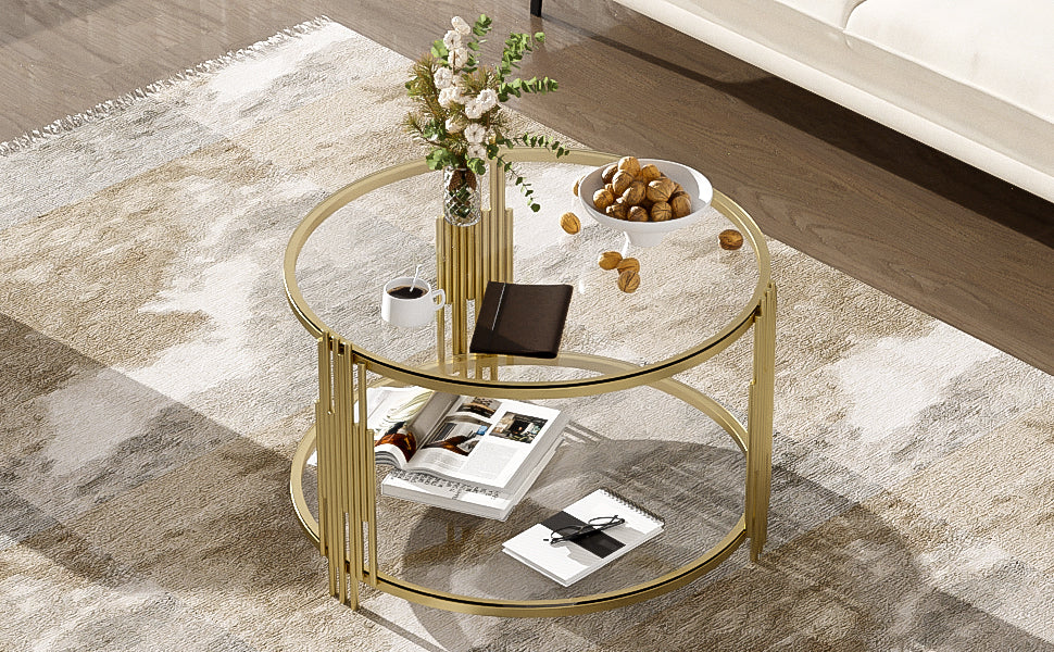 Modern Glass Coffee Table in 31.5", Asymmetrical Metal, Circular Metal Drum Base, Gold Finish & Lower Shelf