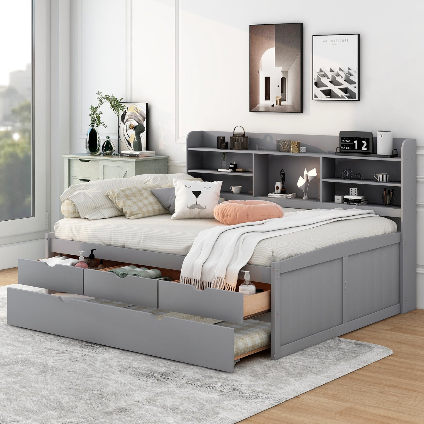 Full Size Wooden Captain Bed with Built-in Bookshelves,Three Storage Drawers and Trundle,Light Grey