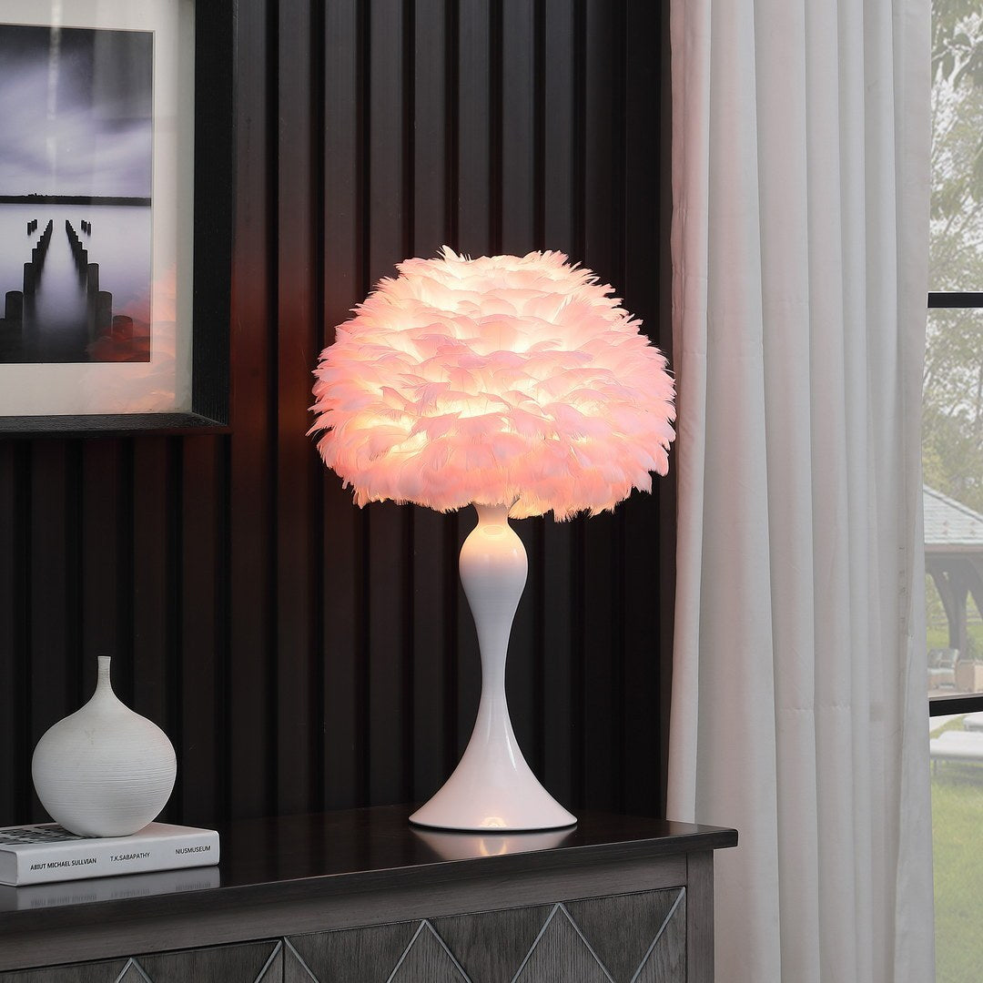 18.25"In Soft Pink Feather Aquina Crisp White Contour Glam Table Lamp