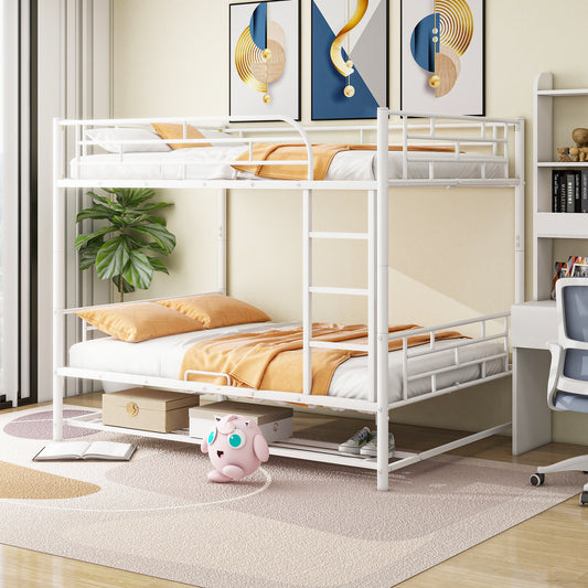 Full Over Full Metal Bunk Bed with Shelf and Guardrails, White