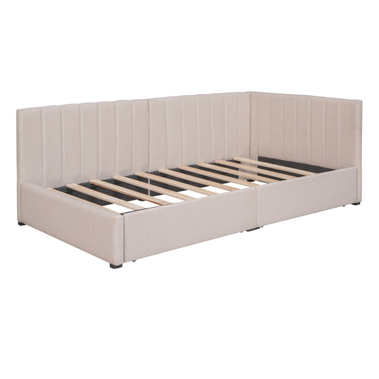Upholstered Daybed with 2 Storage Drawers Twin Size Sofa Bed Frame No Box Spring Needed, Linen Fabric (Beige) - SolidRoot Buy Furniture USA