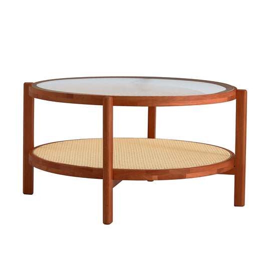 Modern Minimalist Circular Double-Layer Solid Wood Coffee Table with Glass Top, PE Rattan Layer, Walnut Finish SolidRoot Buy Furniture USA