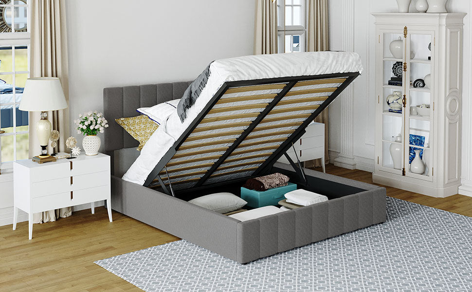 Queen size Upholstered Platform bed with a Hydraulic Storage System - Gray