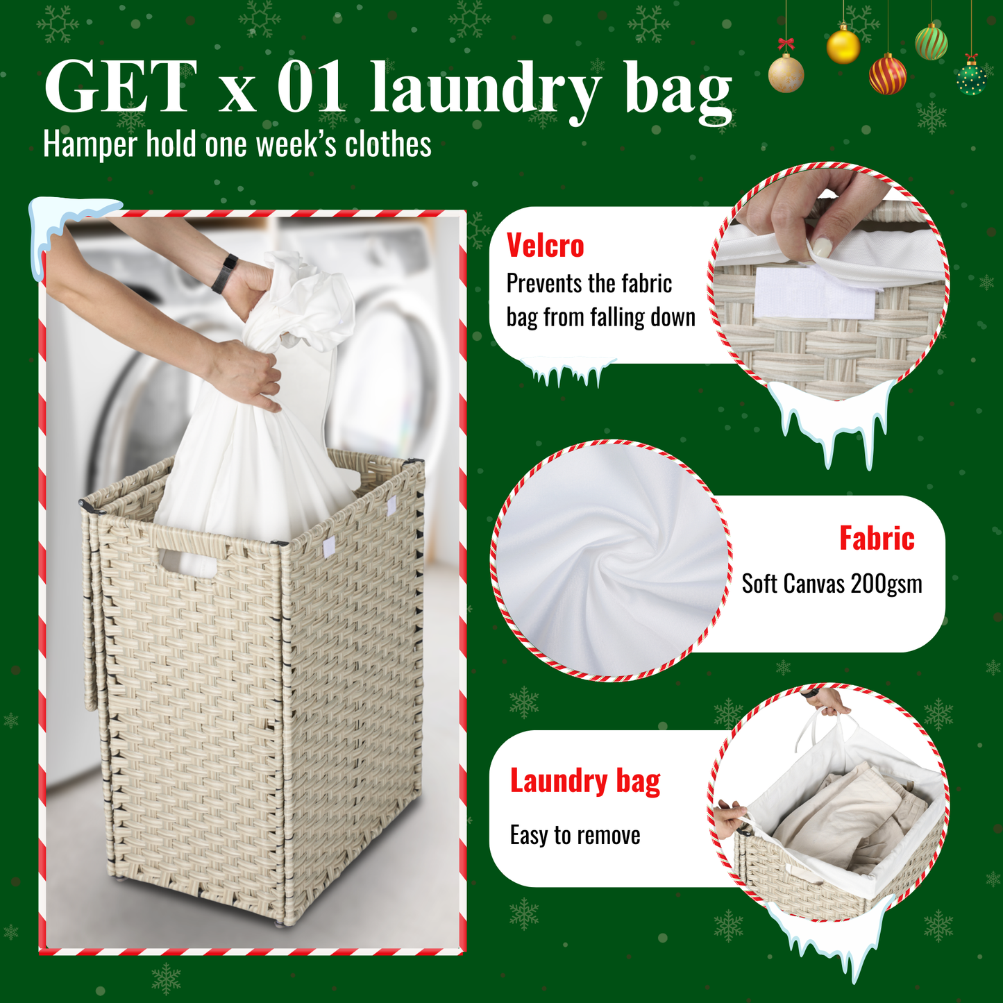 EVG Laundry Hamper With Lid PE Rattan Powder Coating Frame Clothes Hampers with 01 Removable Bags, 100L, Gray Color