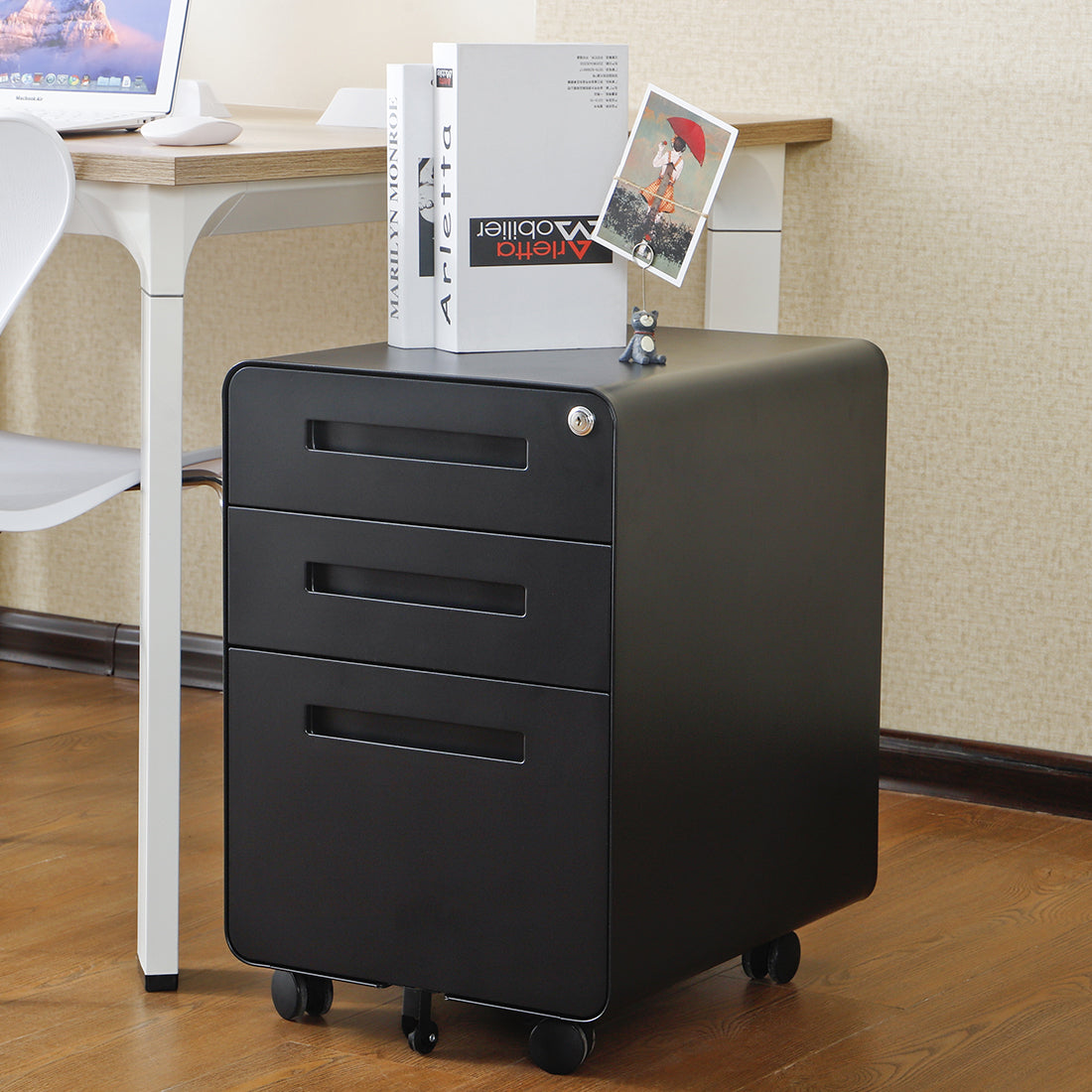 3 Drawer Mobile File Cabinet Under Desk Office,Simple Style Versatile Storage Cabinet for Legal/Letter/A4 Files, 5 Wheel Design Anti-Tilting Cold Rolled Steel Waterproof Moisture-Proof Black