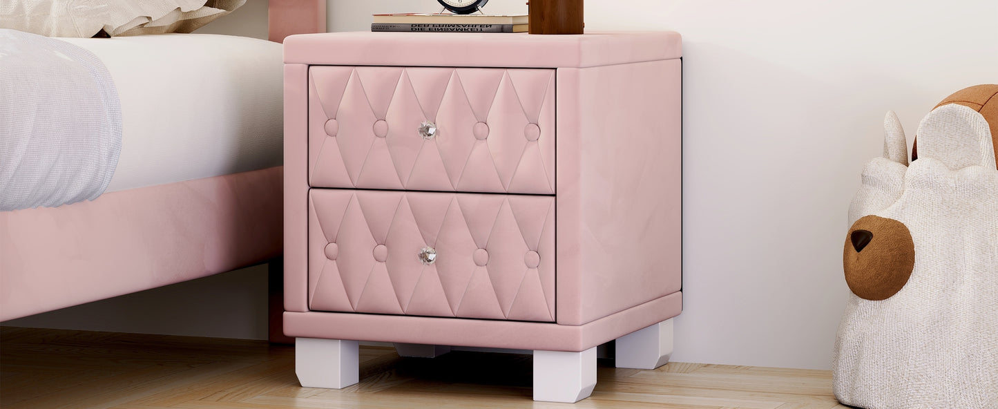 Elegant Velvet Nightstand with 2 Drawers and Crystal Handle, Storage Bedside Table with Button-Tufted, Pink