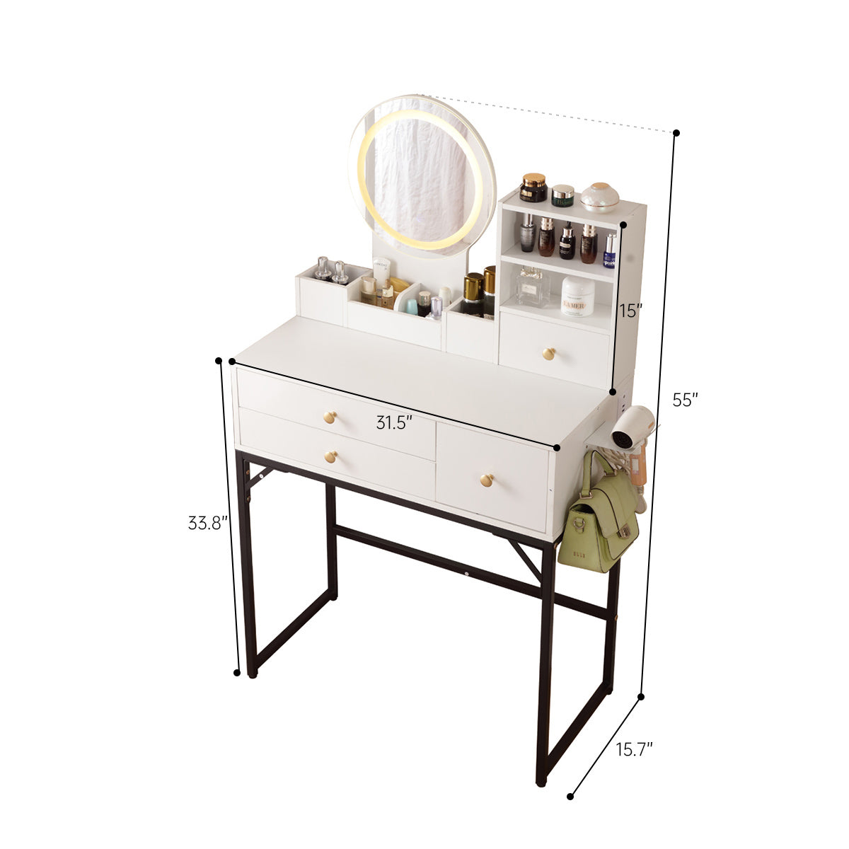 Vanity Desk with Lighted Mirror & Power Outlet, Makeup Vanity Desk with Drawers and Cabinet, Sturdy Iron Bracket, Make up Vanity Table for Bedroom, White