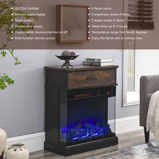 25 inch Stand Side Table with  3-Sided glass Electric Fireplace Livingsource