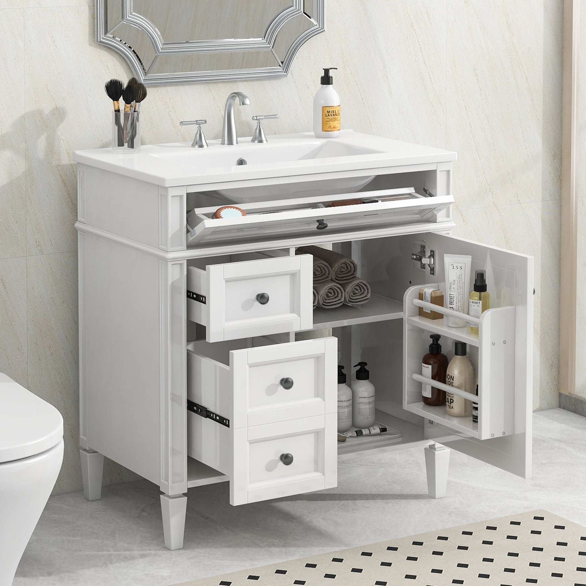 30'' Bathroom Vanity with Top Sink, Modern Bathroom Storage Cabinet with 2 Drawers and a Tip-out Drawer, Single Sink Bathroom Vanity SolidRoot Buy Furniture USA