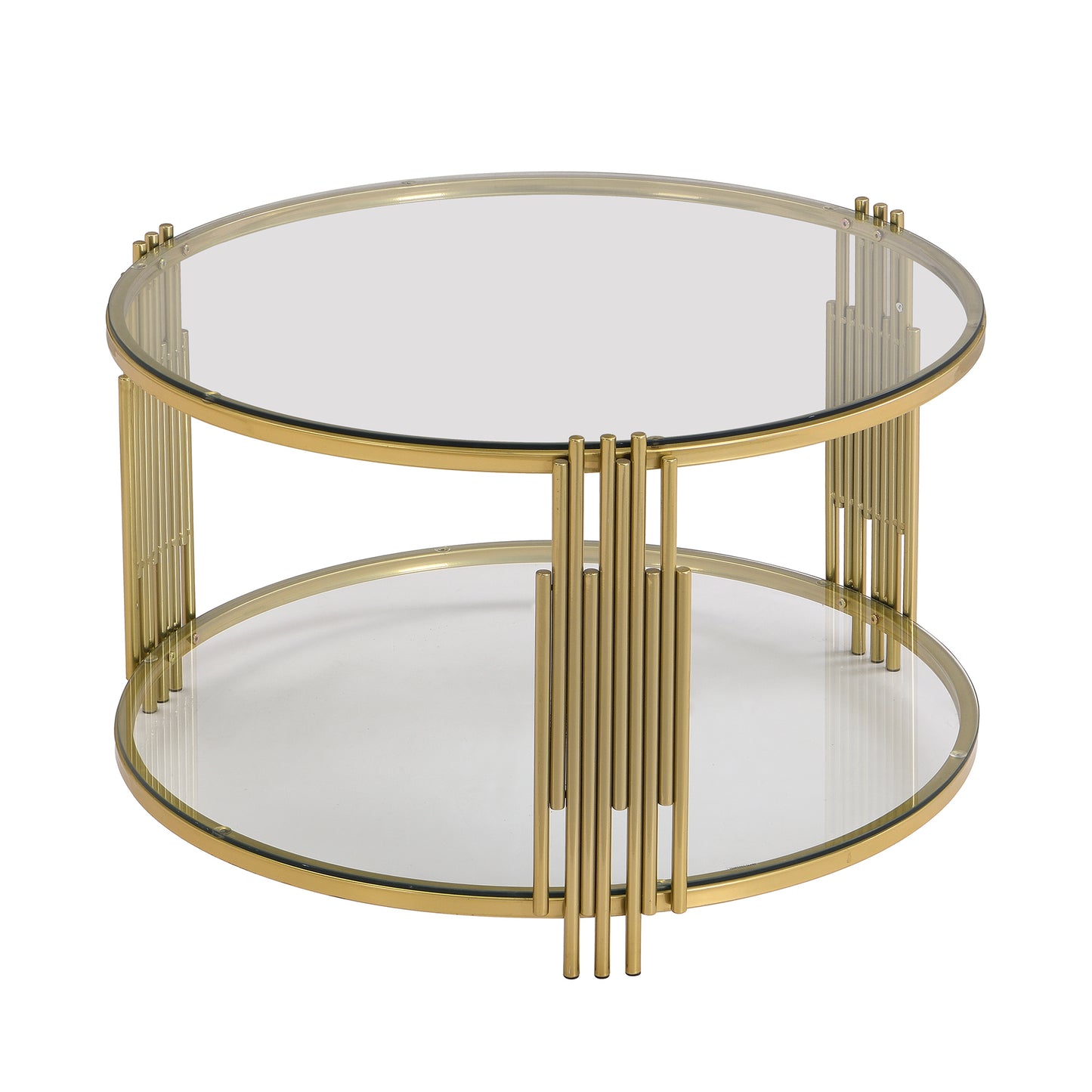 Modern Glass Coffee Table in 31.5", Asymmetrical Metal, Circular Metal Drum Base, Gold Finish & Lower Shelf