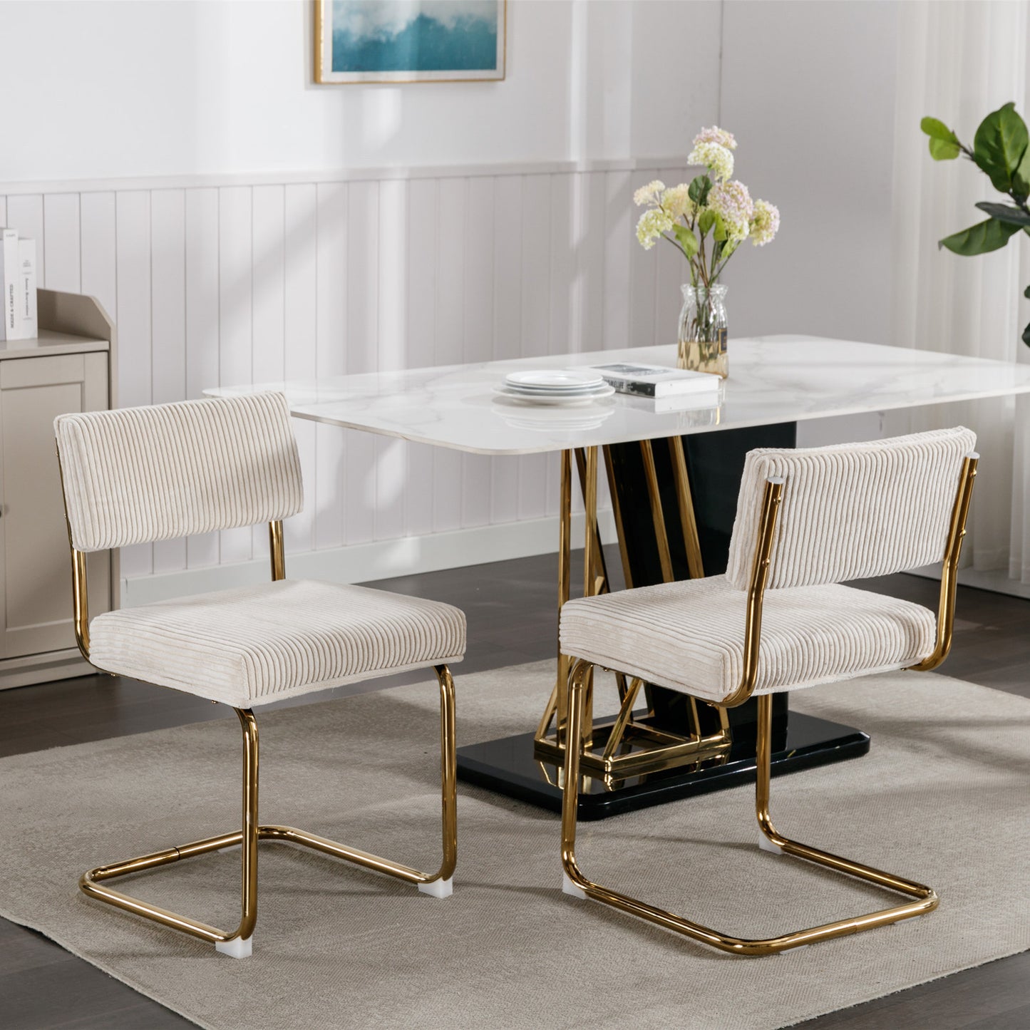 A&A Furniture,Modern Dining Chairs with Corduroy Fabric,Gold Metal Base, Accent Armless Kitchen Chairs with Channel Tufting,  Side Chairs, Set of 2, Beige