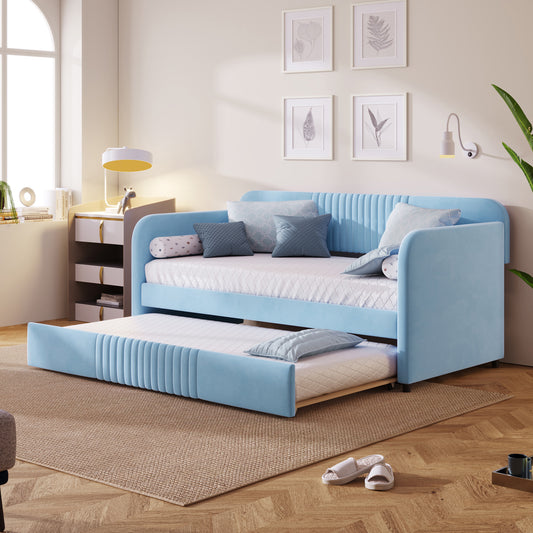 Upholstered Daybed Sofa Bed Twin Size With Trundle Bed and Wood Slat, Light Blue - SolidRoot Buy Furniture USA