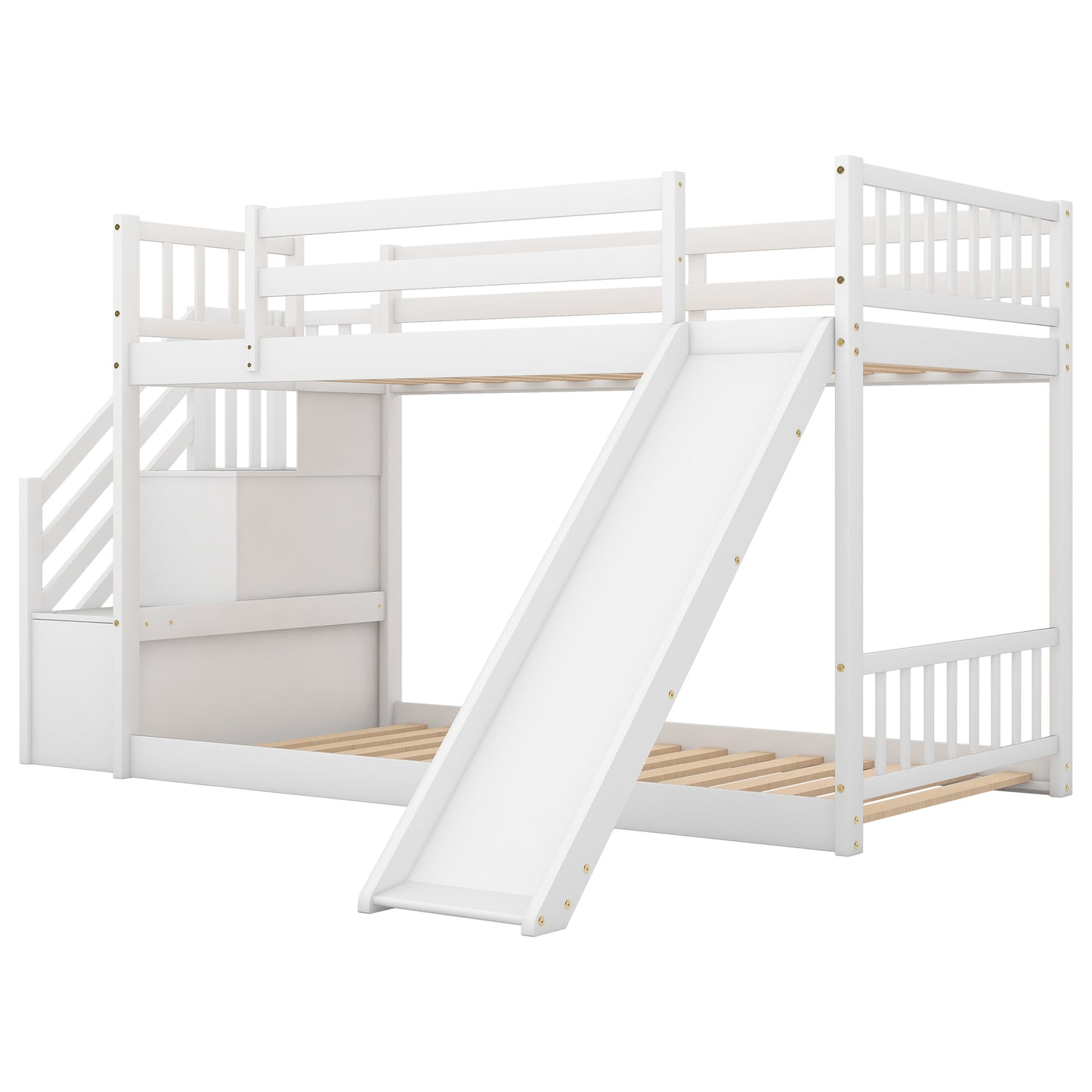 Twin over Twin Bunk Bed with Convertible Slide and Stairway, White