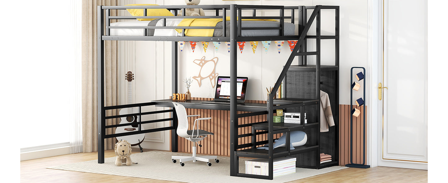 Full Size Metal Loft Bed with Desk, Storage Staircase and Small Wardrobe, Storage stairs can be installed left and right,Black