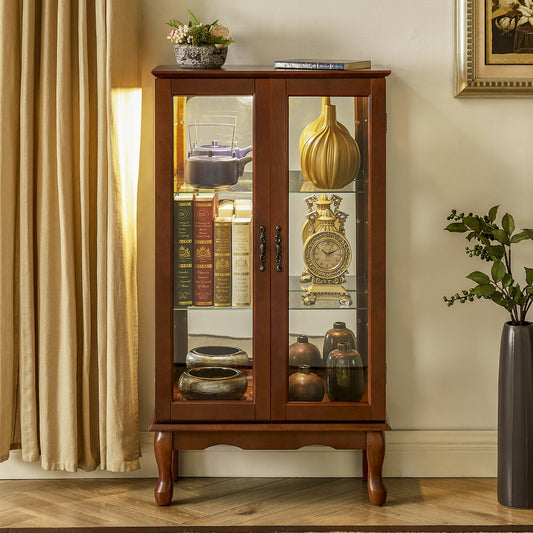 Curio Cabinet Lighted Curio Diapaly Cabinet with Adjustable Shelves and Mirrored Back Panel, Tempered Glass Doors (Walnut, 3 Tier), (E26 light bulb not included) SolidRoot Buy Furniture USA