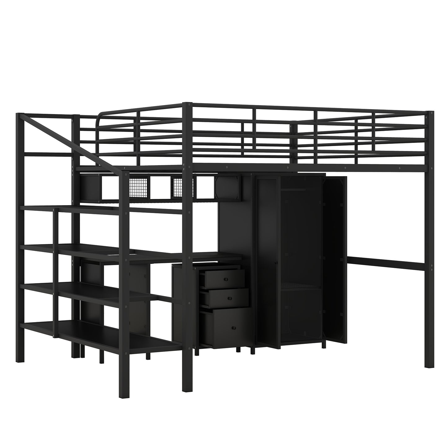 Metal Loft Bed With table set and wardrobe, Full, Black