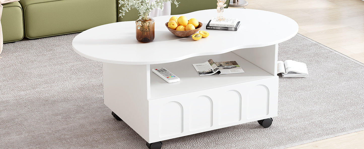 ON-TREND Flexible Cream Style Coffee Table with 2 Brake Wheels, Cloud Top Side Table with Drawer, Irregular Center Table with Large Storage for Living Room, White, 39.37''x 23.6''