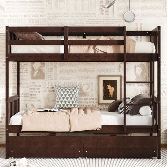 Twin Over Twin Rubber Wood Bunk Bed with 2 Drawers, Convertible into 2 Twin Beds, Twin Size Bunk Bed with Ladder and Safety Guardrails,Espresso SolidRoot Buy Furniture USA