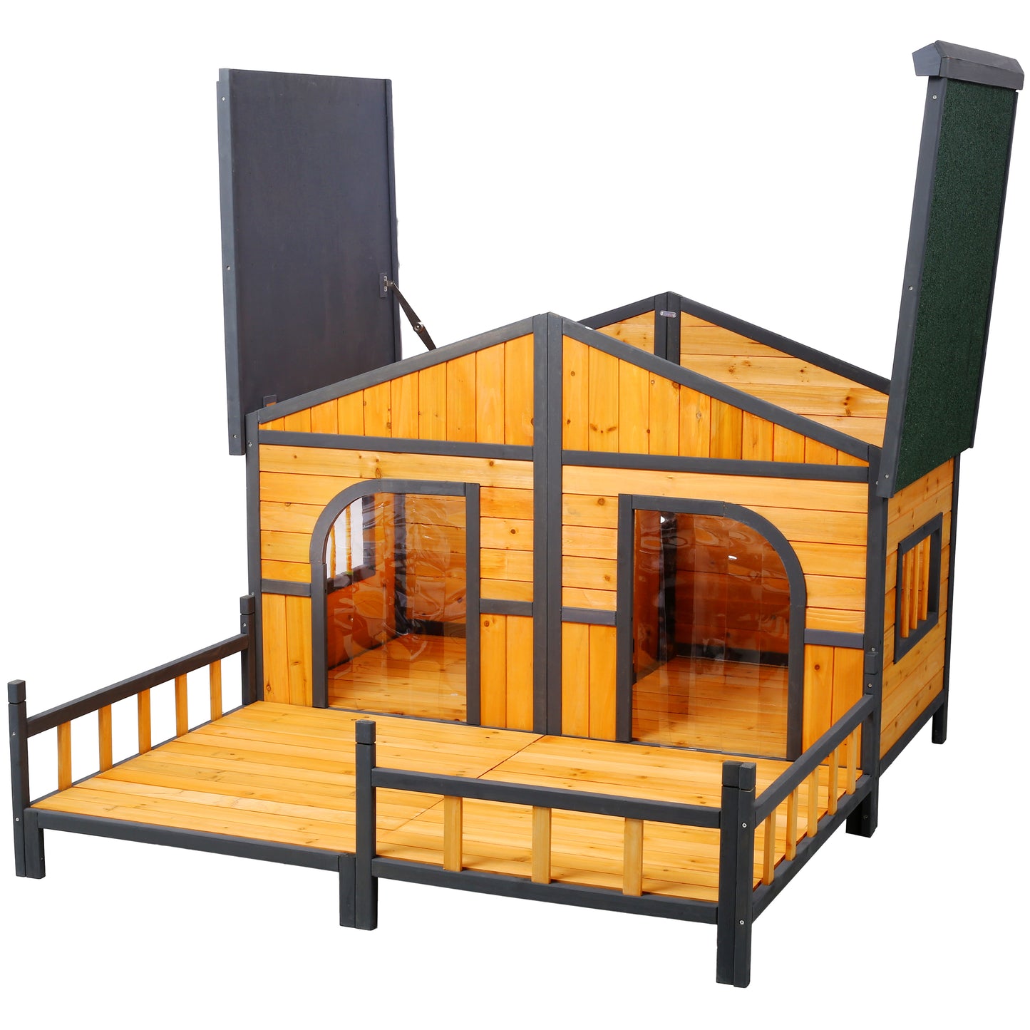 Wooden Large Dog House Outdoor Double XL Dog Kennel with Elevated Floor and Porch, Weatherproof Puppy Shelter for Small and Medium Breed Dogs, Natural