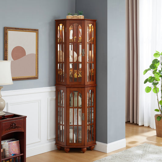 Corner Curio Cabinet with 4 Adjustable Tempered Glass Shelves and Lighting System, Solid Wood Legs,Acrylic Mirrored Back Panel(E26 light bulb not included)