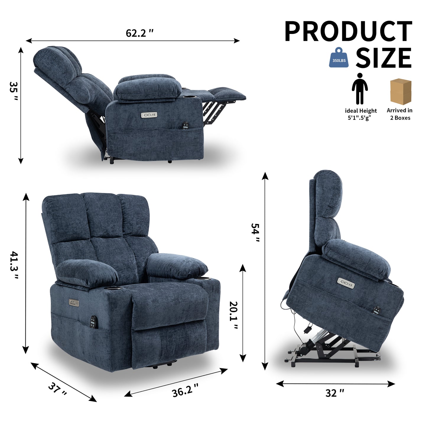 [Video provided] Large Power Lift Recliner Chair Sofa with Massage and Heat for Big and Tall Elderly People,  8-Point Vibration Massage and Lumbar Heating, Two Cup Holders and USB Charge Port, Blue