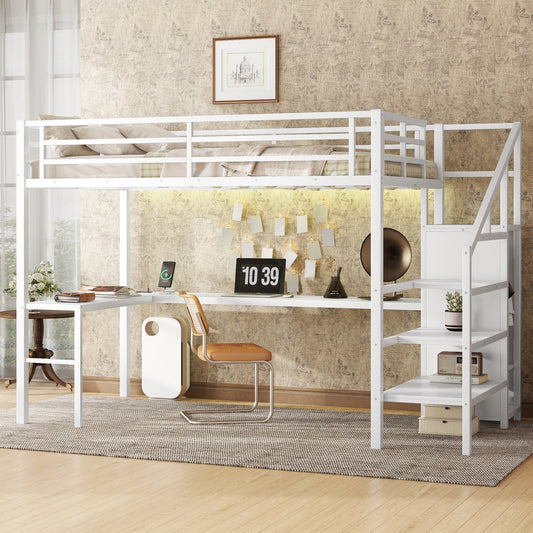 Full Size Loft Bed with L-shaped Desk and USB, Metal Loft Bed with Wardrobe and Adjustable Shelf, High Loft Bed with LED for Kids Teens Adults, White SolidRoot Buy Furniture USA