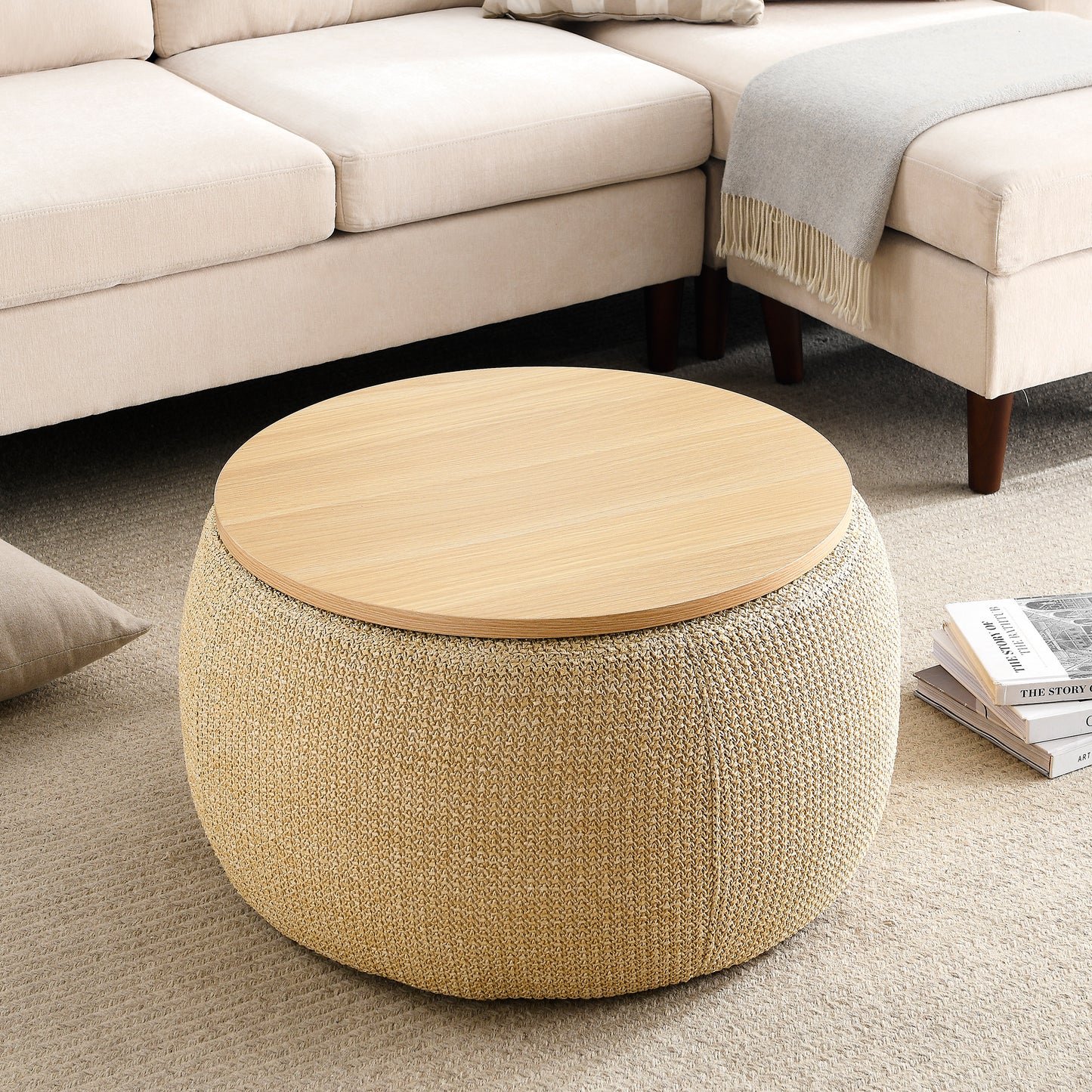 Round Storage Ottoman, 2 in 1 Function, Work as End table and Ottoman, Natural (25.5'x25.5'x14.5')