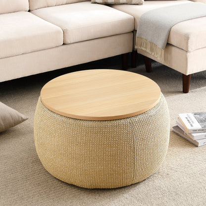 Round Storage Ottoman, 2 in 1 Function, Work as End table and Ottoman, Natural (25.5'x25.5'x14.5') Livingsource