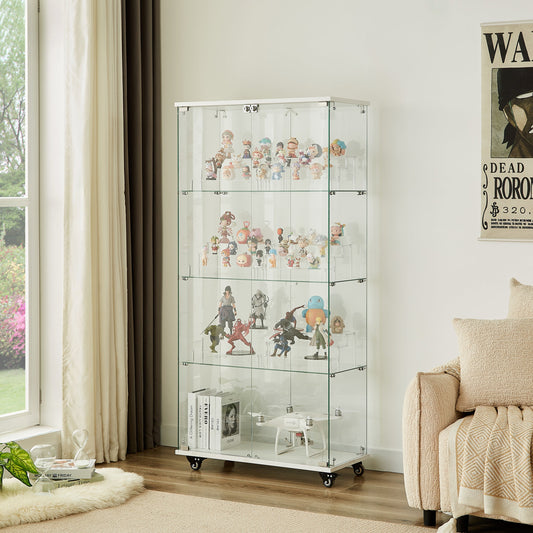 4 Tier Glass Display Cabinet, Double Door Glass Cabinet with Two Locks, Floor Standing Storage Cabinet with 6 Acrylic Shelves for Living Room, Bedroom and Office, White, 31.5"L x 14.2"W x 65.1"H Livingsource