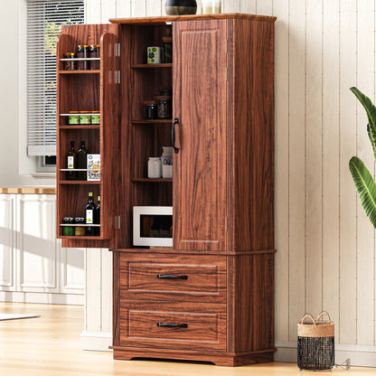 K&K 71' Farmhouse Kitchen Pantry Cabinet with 2 Large Drawers,Embossed Texture Freestanding Cupboard Cabinet with 8 Door Shelves and 3 Cabinet Shelves for Kitchen,Dining Room,Living Room,Laundry,Brown SolidRoot Buy Furniture USA