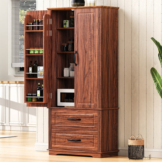 K&K 71' Farmhouse Kitchen Pantry Cabinet with 2 Large Drawers,Embossed Texture Freestanding Cupboard Cabinet with 8 Door Shelves and 3 Cabinet Shelves for Kitchen,Dining Room,Living Room,Laundry,Brown SolidRoot Buy Furniture USA