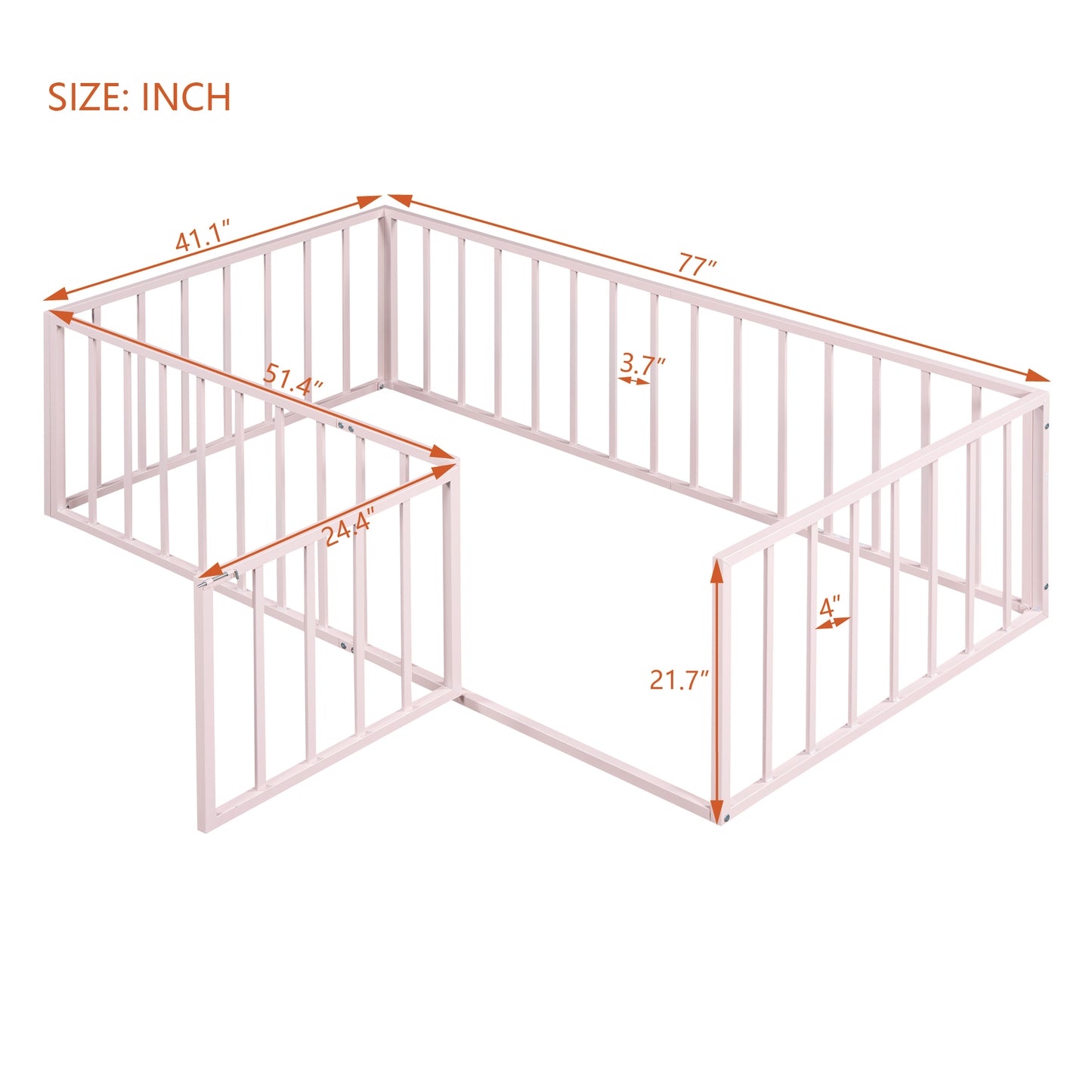 Twin Size Metal Floor Bed Frame with Fence and Door, Pink