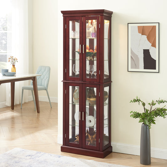 Curio Cabinet Lighted Curio Diapaly Cabinet with Adjustable Shelves and Mirrored Back Panel, Tempered Glass Doors (Cherry, 6 Tier), (E26 light bulb not included)