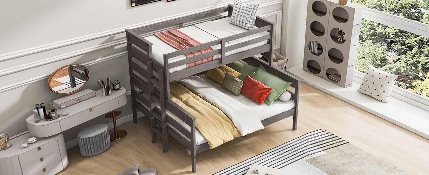 Wood Twin XL over Queen Bunk Bed with Ladder, Gray