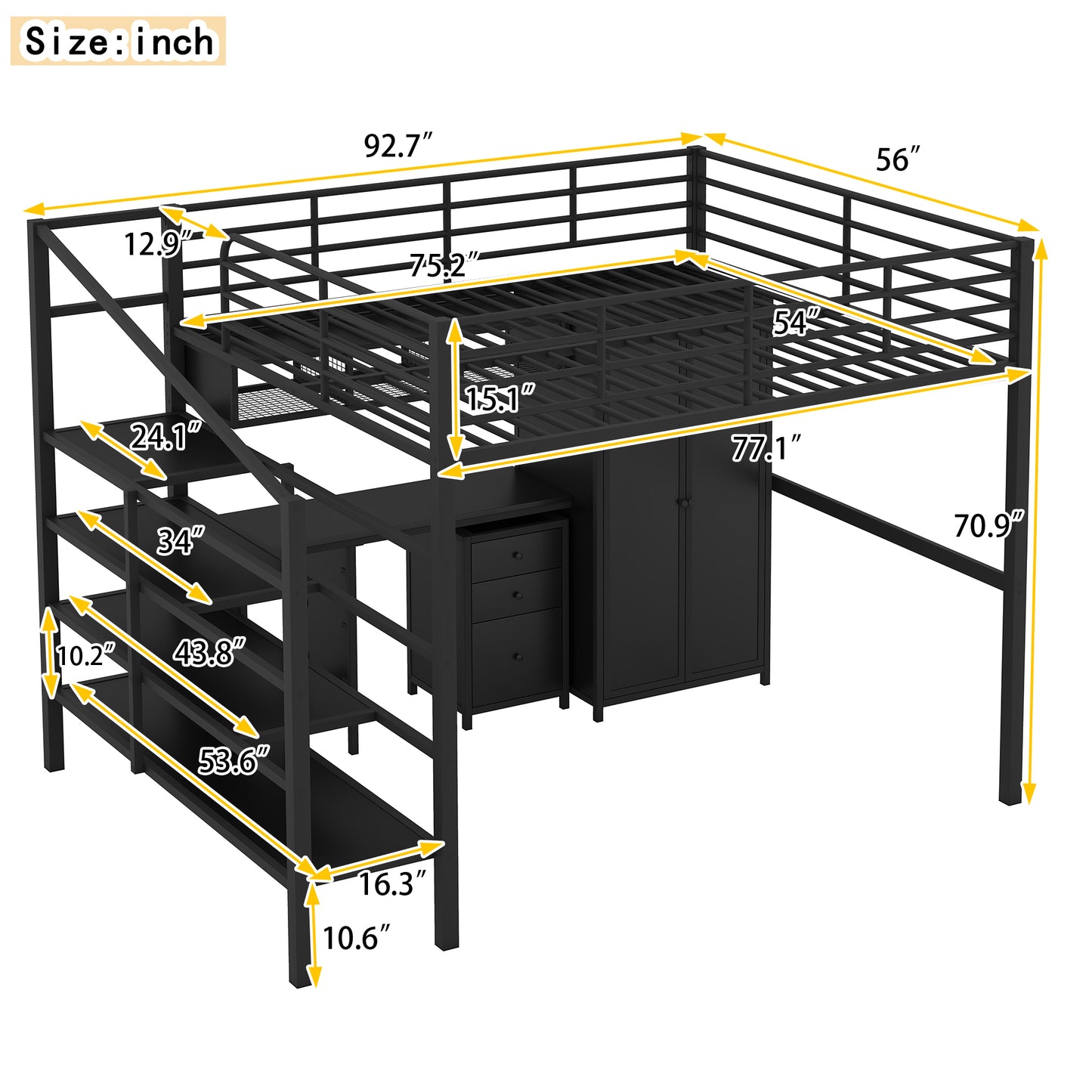 Metal Loft Bed With table set and wardrobe, Full, Black