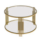 Modern Glass Coffee Table in 31.5", Asymmetrical Metal, Circular Metal Drum Base, Gold Finish & Lower Shelf Livingsource