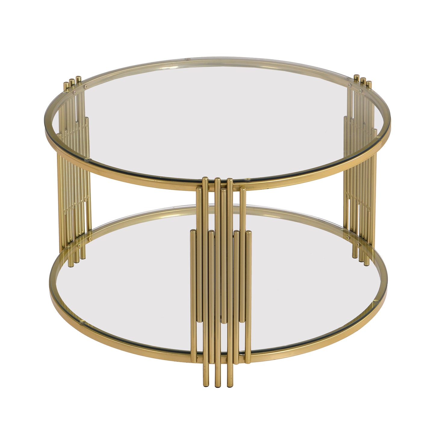 Modern Glass Coffee Table in 31.5", Asymmetrical Metal, Circular Metal Drum Base, Gold Finish & Lower Shelf