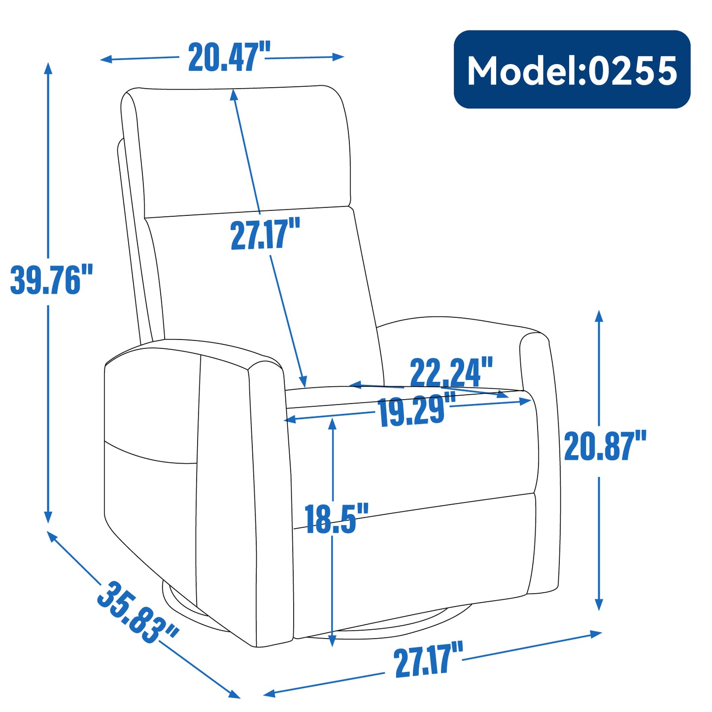 Heat Massage Manual Recliner Chair with Rocker and Swivel in Fabric for Living Room, Blue