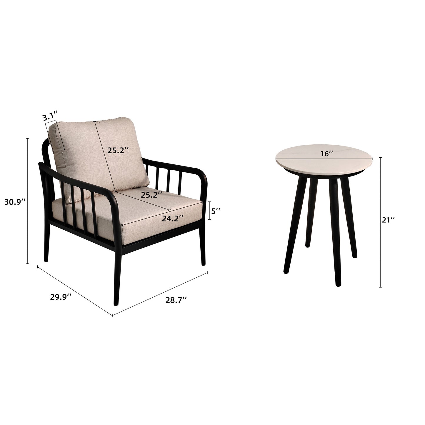 3-Piece Outdoor Porch Aluminum Patio Furniture with Modern Conversation/Chat Set, Sunbrella Cast Silver Cushions, and Round Side Table with White Carrara Marble-Look Sintered Stone Top  - Ember Black