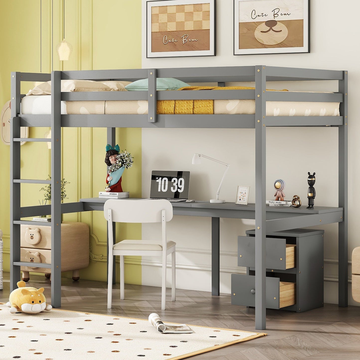 Twin Loft Wood Bed with Under-bed, Built-in Desk, a Storage Cabinet of 2 Drawers, Guardrails, Ladder,Grey SolidRoot Buy Furniture USA