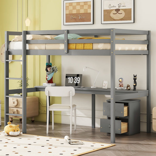 Twin Loft Wood Bed with Under-bed, Built-in Desk, a Storage Cabinet of 2 Drawers, Guardrails, Ladder,Grey SolidRoot Buy Furniture USA