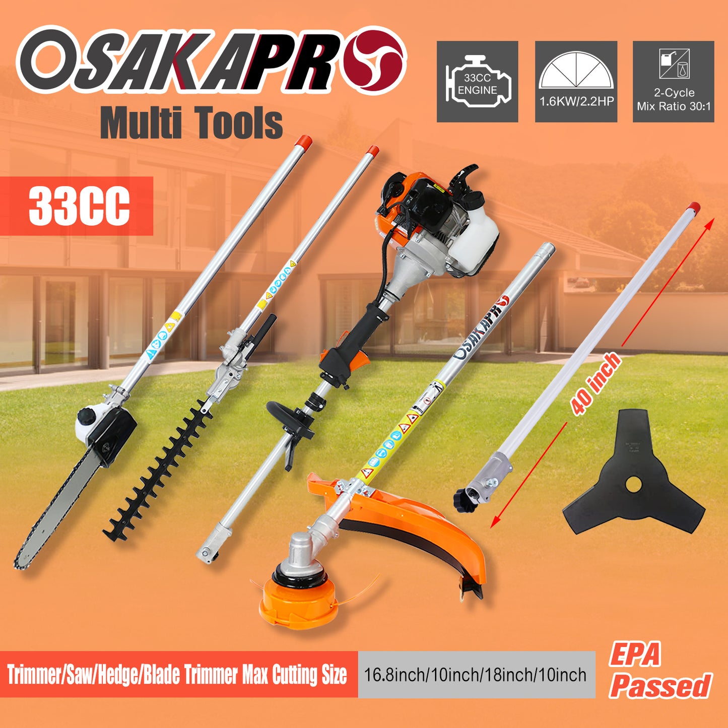 10 in 1 Multi-Functional Trimming Tool, 33CC 2-Cycle Garden Tool System with Gas Pole Saw, Hedge Trimmer, Grass Trimmer, and Brush Cutter EPA Compliant