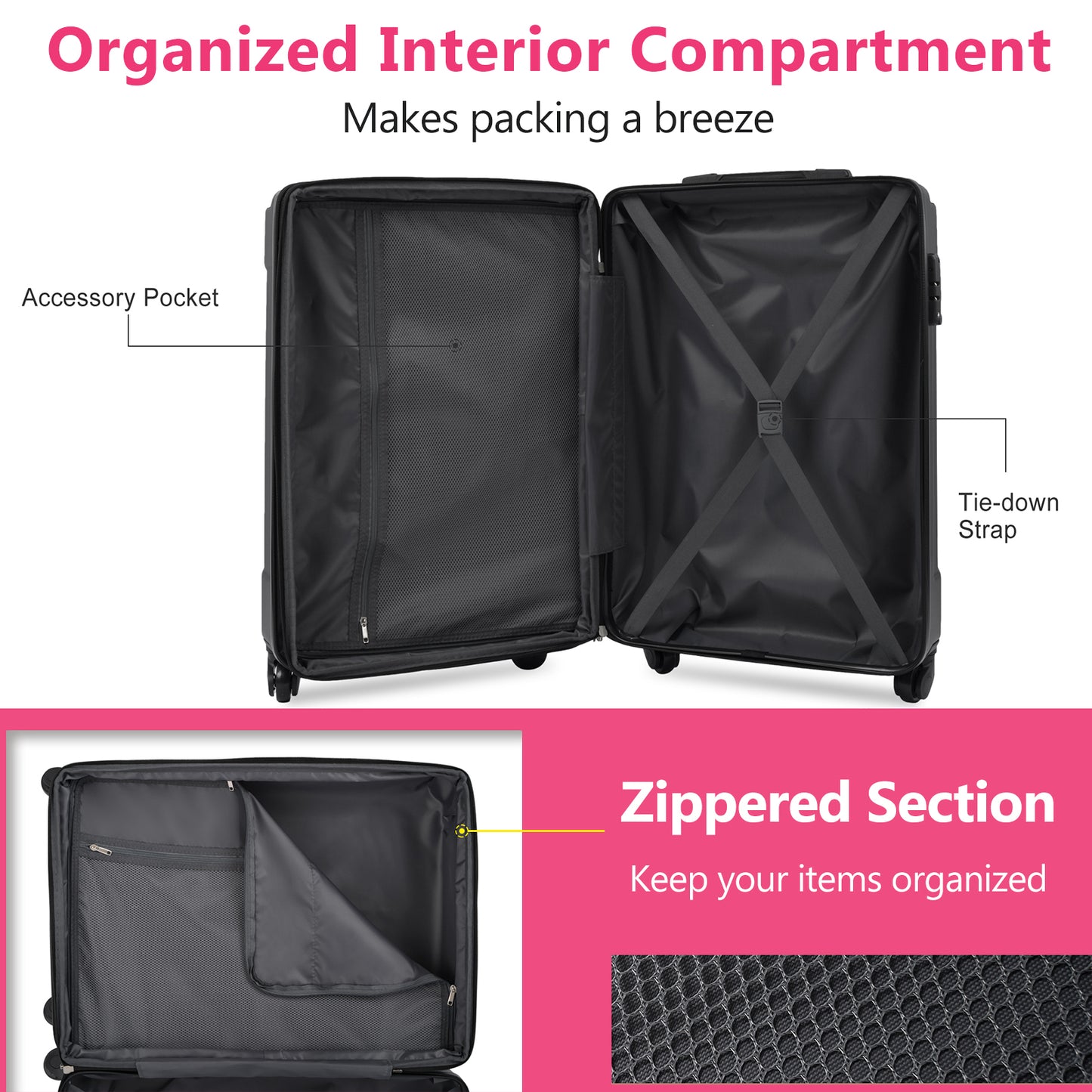 Hardshell Luggage Sets 3 Pcs Spinner Suitcase with TSA Lock Lightweight 20''24''28''